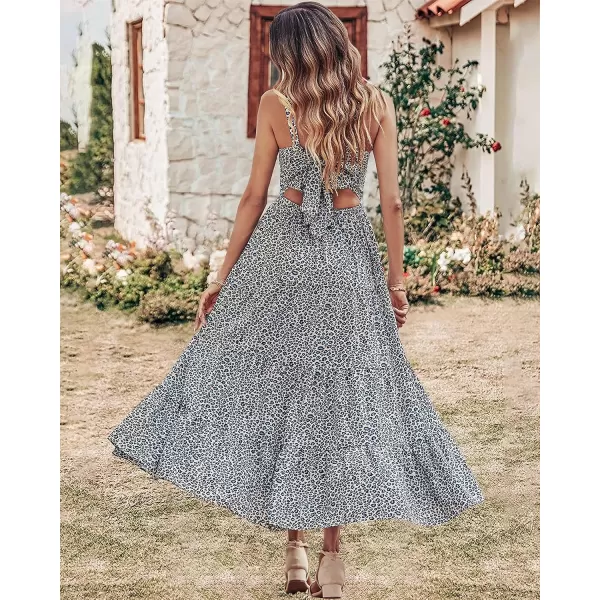 imageBTFBM Women Sleeveless V Neck Summer Maxi Dresses 2023 Print Backless Strap Tie Back Beach Party Pleated Long Boho DressDot White Blue