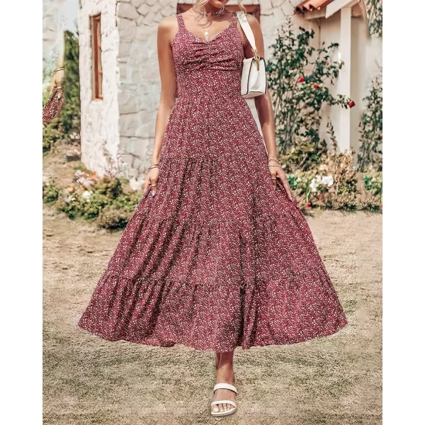imageBTFBM Women Sleeveless V Neck Summer Maxi Dresses 2023 Print Backless Strap Tie Back Beach Party Pleated Long Boho DressFloral Wine Red
