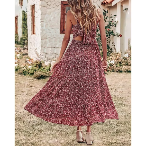 imageBTFBM Women Sleeveless V Neck Summer Maxi Dresses 2023 Print Backless Strap Tie Back Beach Party Pleated Long Boho DressFloral Wine Red