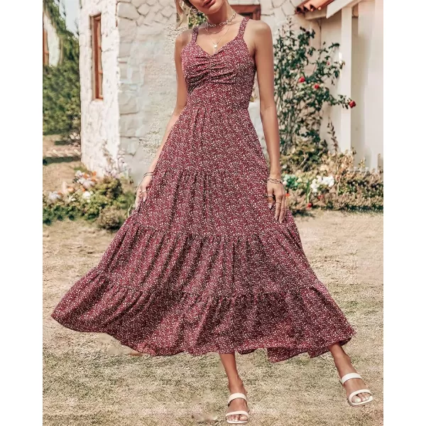 imageBTFBM Women Sleeveless V Neck Summer Maxi Dresses 2023 Print Backless Strap Tie Back Beach Party Pleated Long Boho DressFloral Wine Red