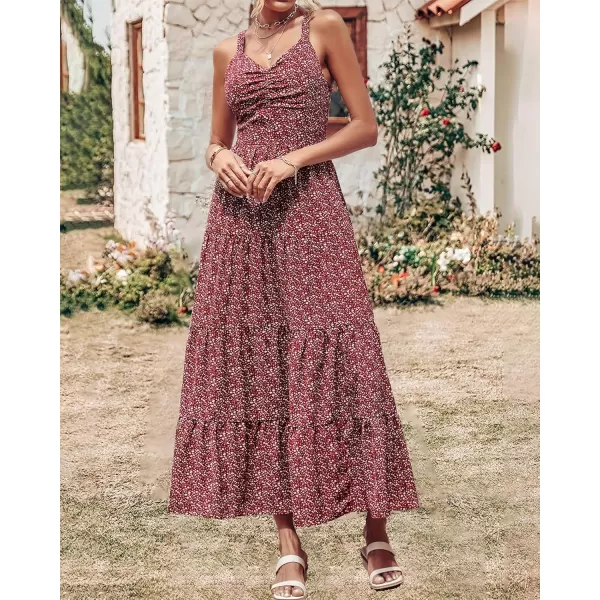 imageBTFBM Women Sleeveless V Neck Summer Maxi Dresses 2023 Print Backless Strap Tie Back Beach Party Pleated Long Boho DressFloral Wine Red