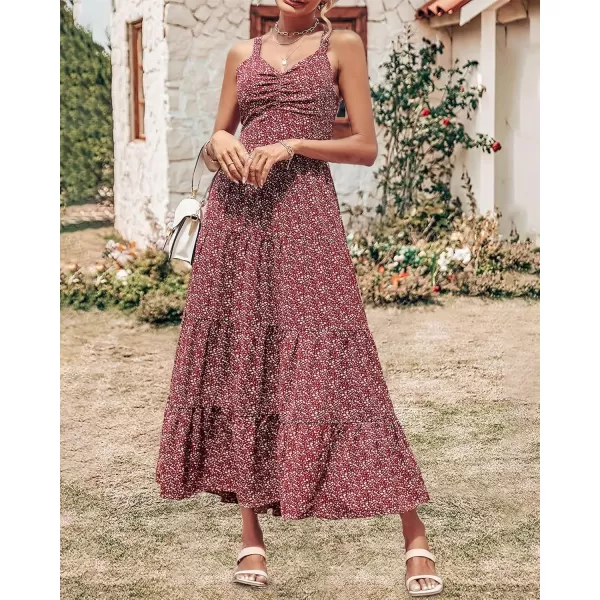 imageBTFBM Women Sleeveless V Neck Summer Maxi Dresses 2023 Print Backless Strap Tie Back Beach Party Pleated Long Boho DressFloral Wine Red
