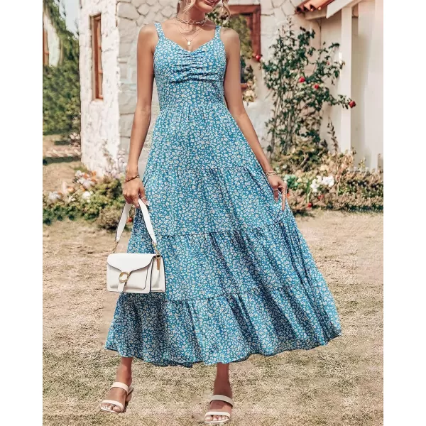imageBTFBM Women Sleeveless V Neck Summer Maxi Dresses 2023 Print Backless Strap Tie Back Beach Party Pleated Long Boho DressLeopard Blue White