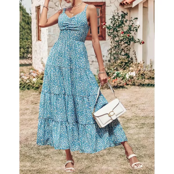 imageBTFBM Women Sleeveless V Neck Summer Maxi Dresses 2023 Print Backless Strap Tie Back Beach Party Pleated Long Boho DressLeopard Blue White