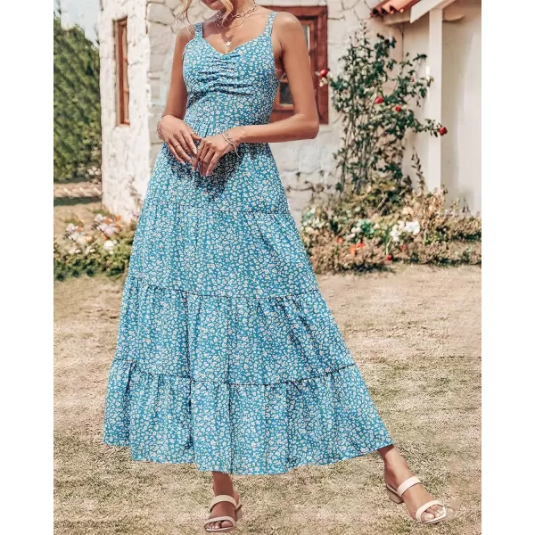 imageBTFBM Women Sleeveless V Neck Summer Maxi Dresses 2023 Print Backless Strap Tie Back Beach Party Pleated Long Boho DressLeopard Blue White
