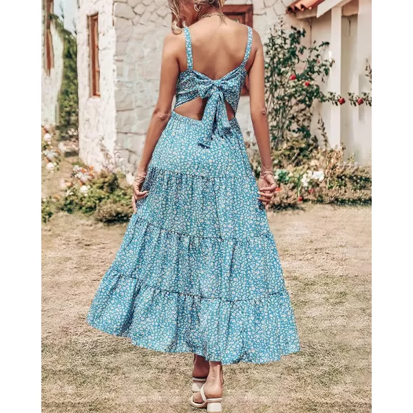 imageBTFBM Women Sleeveless V Neck Summer Maxi Dresses 2023 Print Backless Strap Tie Back Beach Party Pleated Long Boho DressLeopard Blue White