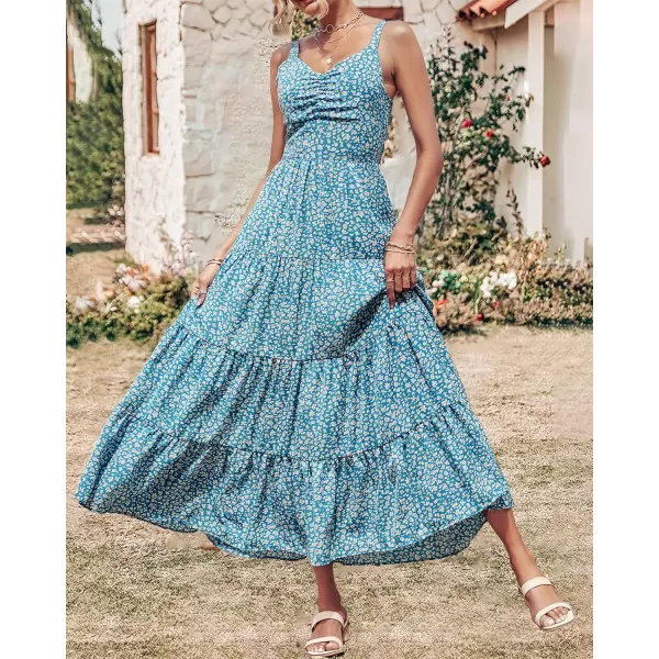 imageBTFBM Women Sleeveless V Neck Summer Maxi Dresses 2023 Print Backless Strap Tie Back Beach Party Pleated Long Boho DressLeopard Blue White