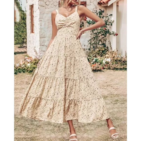 imageBTFBM Women Sleeveless V Neck Summer Maxi Dresses 2023 Print Backless Strap Tie Back Beach Party Pleated Long Boho DressPrint Apricot White