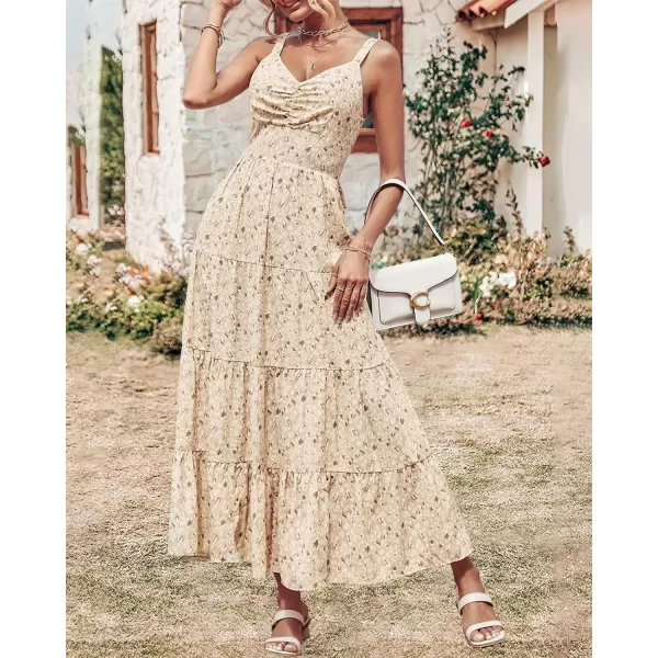imageBTFBM Women Sleeveless V Neck Summer Maxi Dresses 2023 Print Backless Strap Tie Back Beach Party Pleated Long Boho DressPrint Apricot White