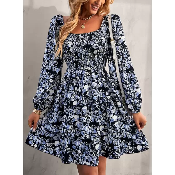 imageBTFBM Women Square Neck Smocked Summer Fall Dresses 2023 Long Sleeve Floral Swiss Dot Ruffle Party Mini Babydoll DressFloral Black White