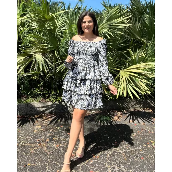 imageBTFBM Women Square Neck Smocked Summer Fall Dresses 2023 Long Sleeve Floral Swiss Dot Ruffle Party Mini Babydoll DressFloral Black White