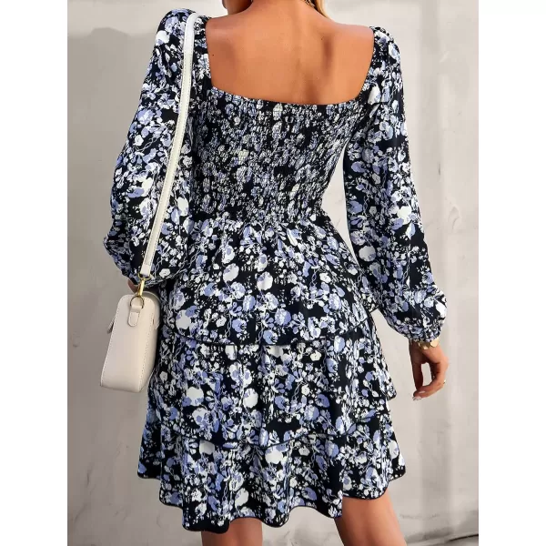 imageBTFBM Women Square Neck Smocked Summer Fall Dresses 2023 Long Sleeve Floral Swiss Dot Ruffle Party Mini Babydoll DressFloral Black White