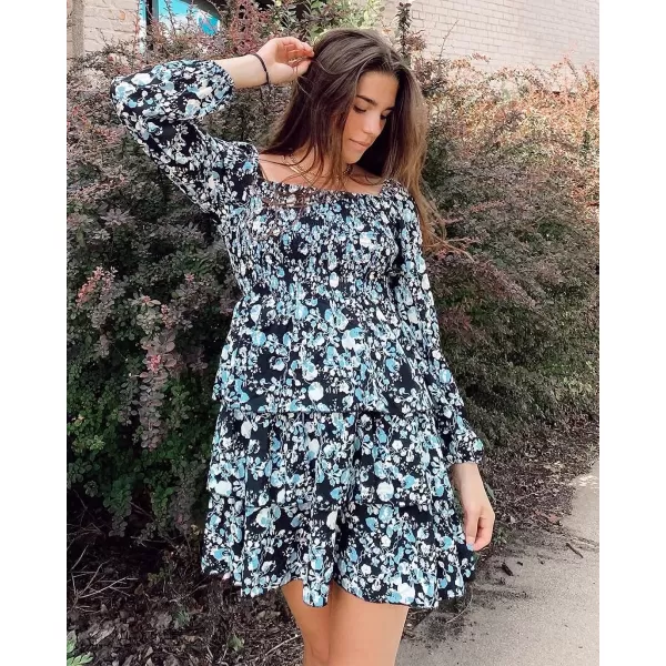 imageBTFBM Women Square Neck Smocked Summer Fall Dresses 2023 Long Sleeve Floral Swiss Dot Ruffle Party Mini Babydoll DressFloral Black White
