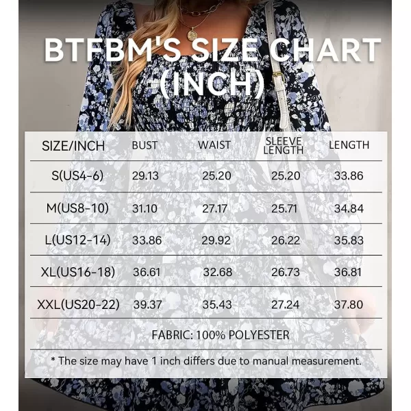 imageBTFBM Women Square Neck Smocked Summer Fall Dresses 2023 Long Sleeve Floral Swiss Dot Ruffle Party Mini Babydoll DressFloral Black White