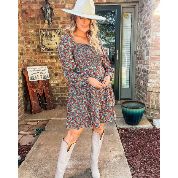 imageBTFBM Women Square Neck Smocked Summer Fall Dresses 2023 Long Sleeve Floral Swiss Dot Ruffle Party Mini Babydoll DressFloral Blue Orange