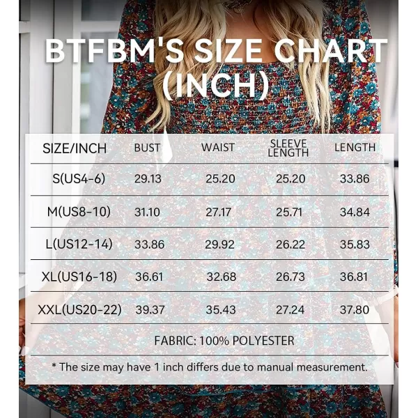 imageBTFBM Women Square Neck Smocked Summer Fall Dresses 2023 Long Sleeve Floral Swiss Dot Ruffle Party Mini Babydoll DressFloral Blue Orange