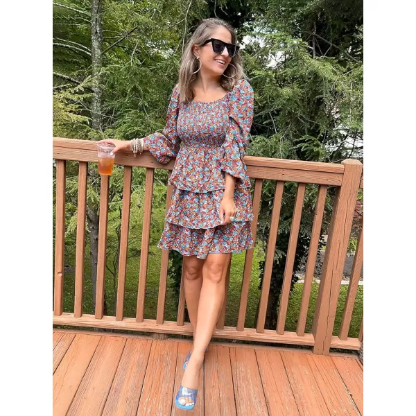 imageBTFBM Women Square Neck Smocked Summer Fall Dresses 2023 Long Sleeve Floral Swiss Dot Ruffle Party Mini Babydoll DressFloral Blue Orange