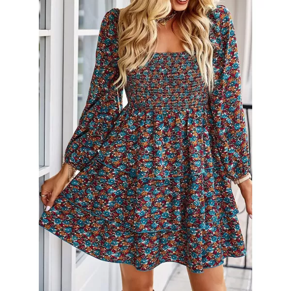 imageBTFBM Women Square Neck Smocked Summer Fall Dresses 2023 Long Sleeve Floral Swiss Dot Ruffle Party Mini Babydoll DressFloral Blue Orange