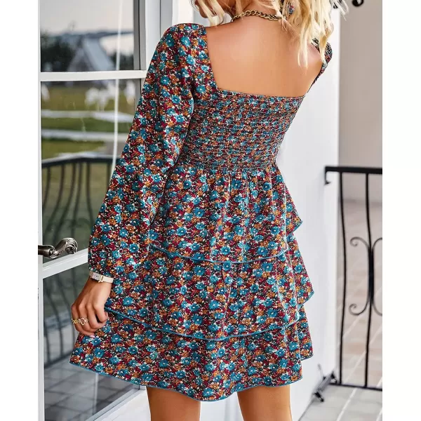 imageBTFBM Women Square Neck Smocked Summer Fall Dresses 2023 Long Sleeve Floral Swiss Dot Ruffle Party Mini Babydoll DressFloral Blue Orange