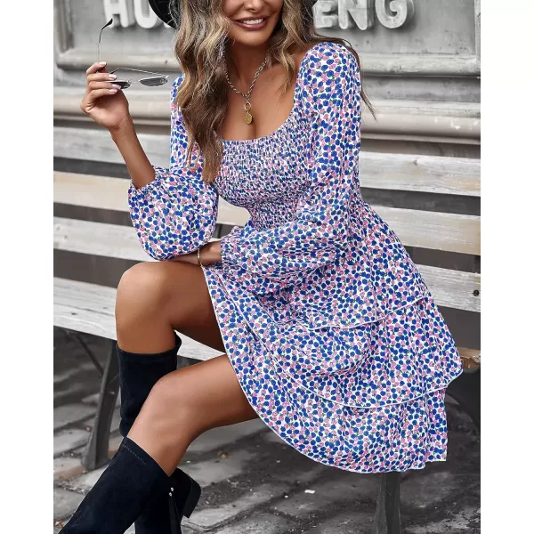 imageBTFBM Women Square Neck Smocked Summer Fall Dresses 2023 Long Sleeve Floral Swiss Dot Ruffle Party Mini Babydoll DressFloral Blue Pink