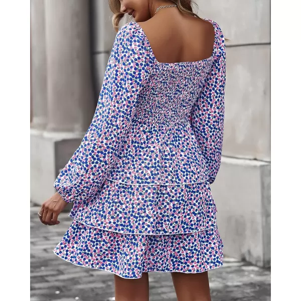 imageBTFBM Women Square Neck Smocked Summer Fall Dresses 2023 Long Sleeve Floral Swiss Dot Ruffle Party Mini Babydoll DressFloral Blue Pink