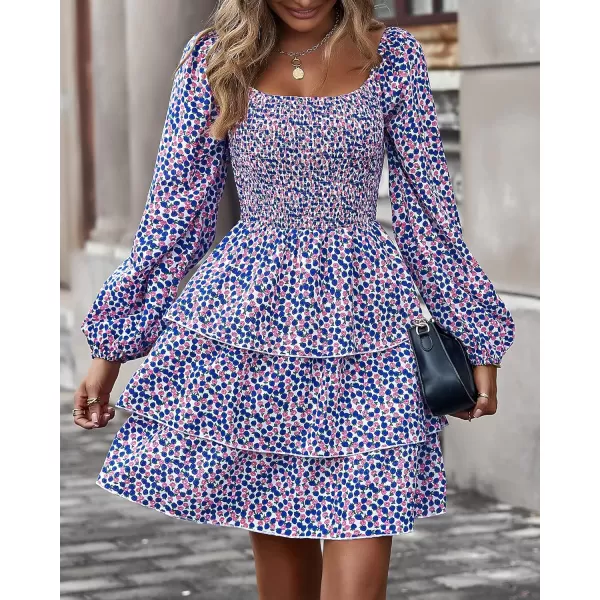 imageBTFBM Women Square Neck Smocked Summer Fall Dresses 2023 Long Sleeve Floral Swiss Dot Ruffle Party Mini Babydoll DressFloral Blue Pink