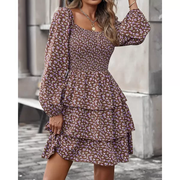 imageBTFBM Women Square Neck Smocked Summer Fall Dresses 2023 Long Sleeve Floral Swiss Dot Ruffle Party Mini Babydoll DressFloral Brown