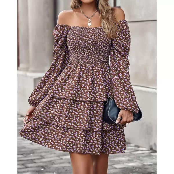 imageBTFBM Women Square Neck Smocked Summer Fall Dresses 2023 Long Sleeve Floral Swiss Dot Ruffle Party Mini Babydoll DressFloral Brown