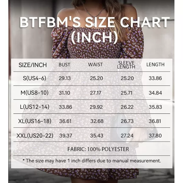 imageBTFBM Women Square Neck Smocked Summer Fall Dresses 2023 Long Sleeve Floral Swiss Dot Ruffle Party Mini Babydoll DressFloral Brown