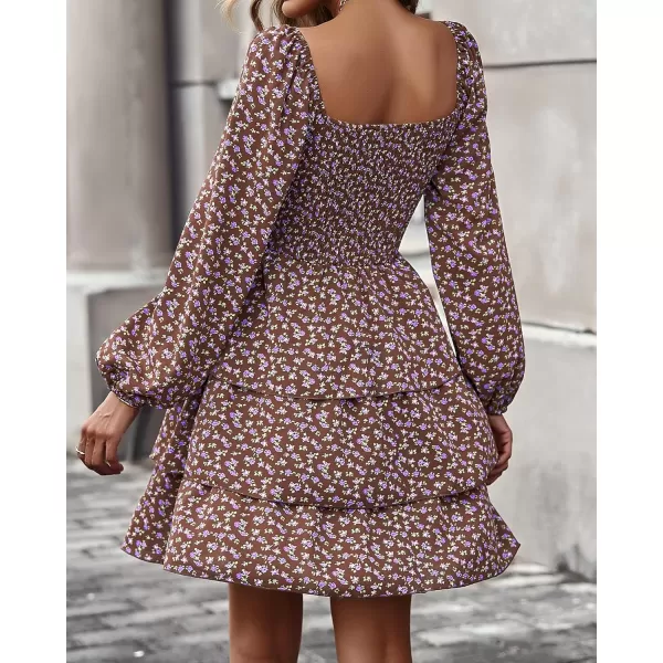 imageBTFBM Women Square Neck Smocked Summer Fall Dresses 2023 Long Sleeve Floral Swiss Dot Ruffle Party Mini Babydoll DressFloral Brown