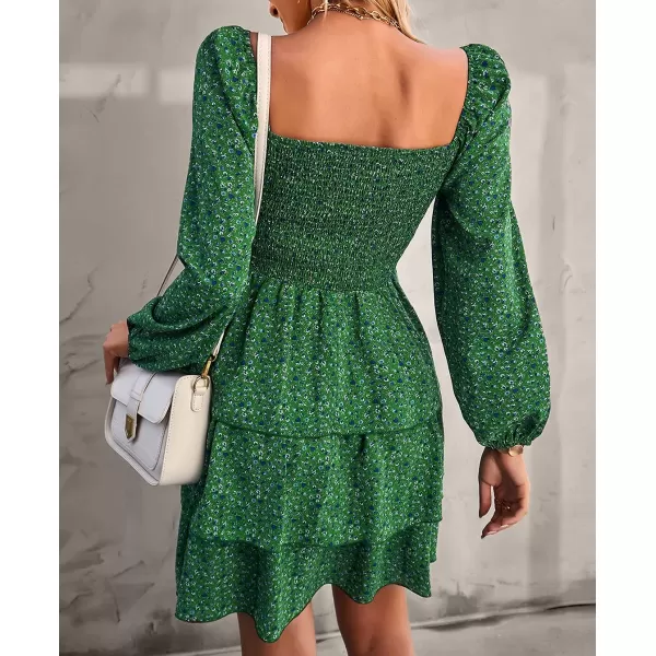imageBTFBM Women Square Neck Smocked Summer Fall Dresses 2023 Long Sleeve Floral Swiss Dot Ruffle Party Mini Babydoll DressFloral Green Blue