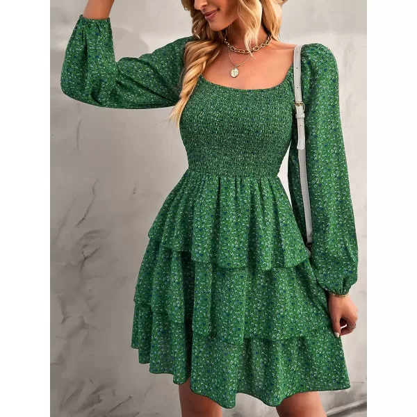 imageBTFBM Women Square Neck Smocked Summer Fall Dresses 2023 Long Sleeve Floral Swiss Dot Ruffle Party Mini Babydoll DressFloral Green Blue
