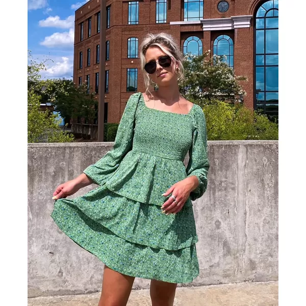 imageBTFBM Women Square Neck Smocked Summer Fall Dresses 2023 Long Sleeve Floral Swiss Dot Ruffle Party Mini Babydoll DressFloral Green Blue