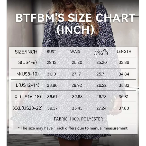 imageBTFBM Women Square Neck Smocked Summer Fall Dresses 2023 Long Sleeve Floral Swiss Dot Ruffle Party Mini Babydoll DressFloral Navy
