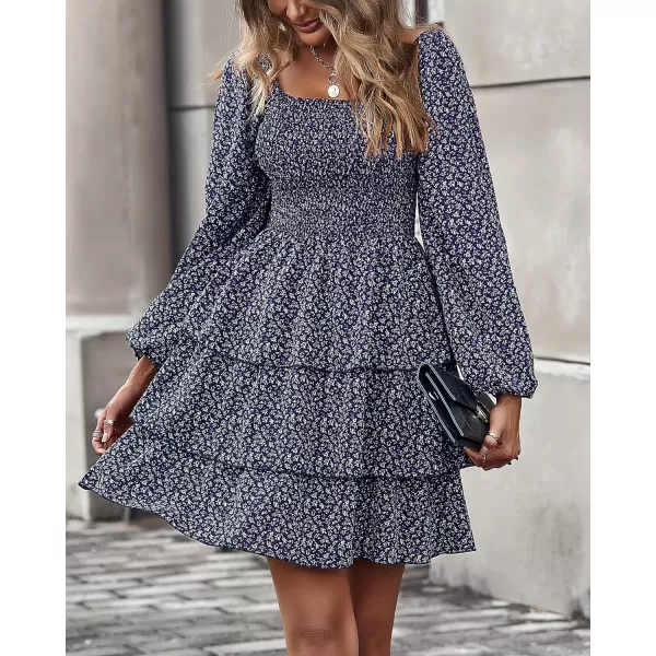 imageBTFBM Women Square Neck Smocked Summer Fall Dresses 2023 Long Sleeve Floral Swiss Dot Ruffle Party Mini Babydoll DressFloral Navy
