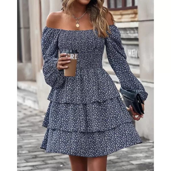 imageBTFBM Women Square Neck Smocked Summer Fall Dresses 2023 Long Sleeve Floral Swiss Dot Ruffle Party Mini Babydoll DressFloral Navy