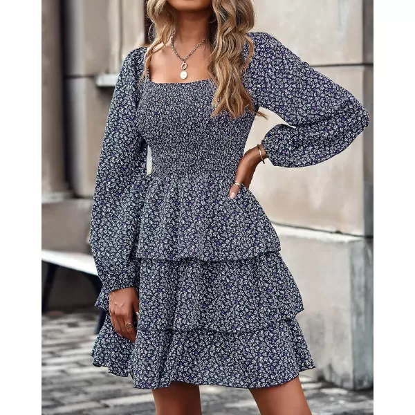 imageBTFBM Women Square Neck Smocked Summer Fall Dresses 2023 Long Sleeve Floral Swiss Dot Ruffle Party Mini Babydoll DressFloral Navy
