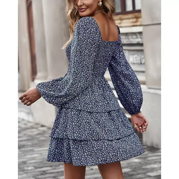 imageBTFBM Women Square Neck Smocked Summer Fall Dresses 2023 Long Sleeve Floral Swiss Dot Ruffle Party Mini Babydoll DressFloral Navy