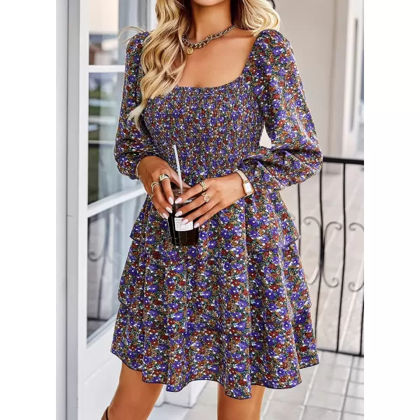 imageBTFBM Women Square Neck Smocked Summer Fall Dresses 2023 Long Sleeve Floral Swiss Dot Ruffle Party Mini Babydoll DressFloral Purple Red