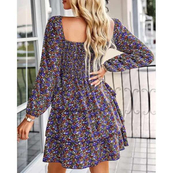 imageBTFBM Women Square Neck Smocked Summer Fall Dresses 2023 Long Sleeve Floral Swiss Dot Ruffle Party Mini Babydoll DressFloral Purple Red