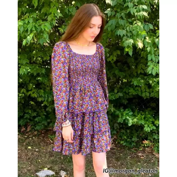 imageBTFBM Women Square Neck Smocked Summer Fall Dresses 2023 Long Sleeve Floral Swiss Dot Ruffle Party Mini Babydoll DressFloral Purple Red