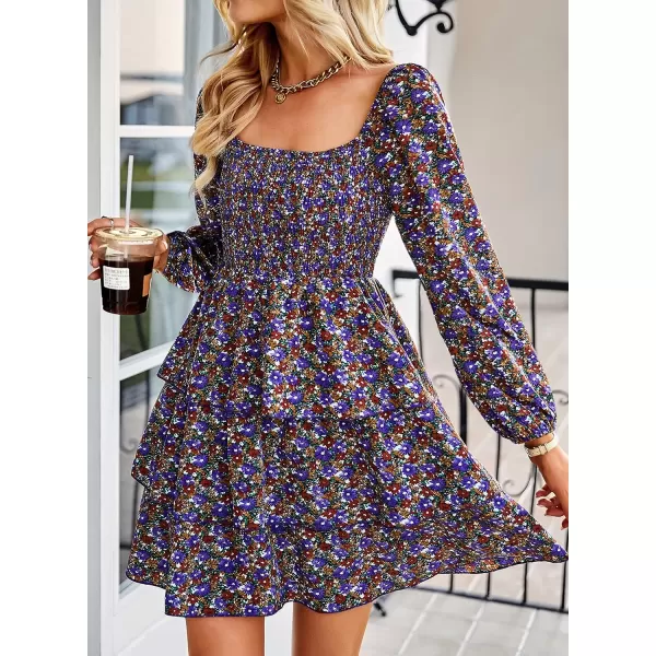 imageBTFBM Women Square Neck Smocked Summer Fall Dresses 2023 Long Sleeve Floral Swiss Dot Ruffle Party Mini Babydoll DressFloral Purple Red