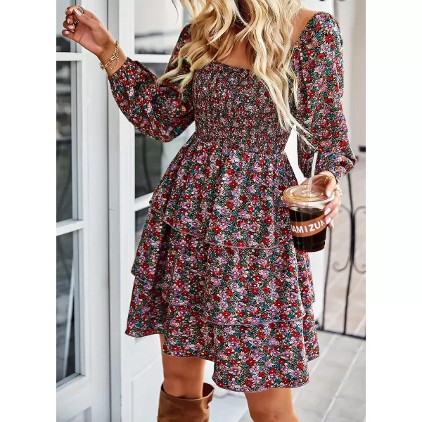 imageBTFBM Women Square Neck Smocked Summer Fall Dresses 2023 Long Sleeve Floral Swiss Dot Ruffle Party Mini Babydoll DressFloral Red Pink