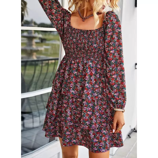 imageBTFBM Women Square Neck Smocked Summer Fall Dresses 2023 Long Sleeve Floral Swiss Dot Ruffle Party Mini Babydoll DressFloral Red Pink