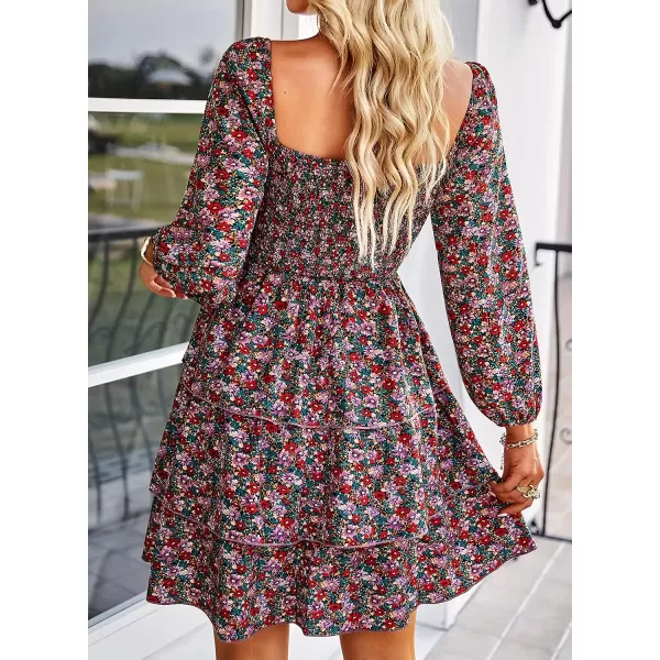 imageBTFBM Women Square Neck Smocked Summer Fall Dresses 2023 Long Sleeve Floral Swiss Dot Ruffle Party Mini Babydoll DressFloral Red Pink
