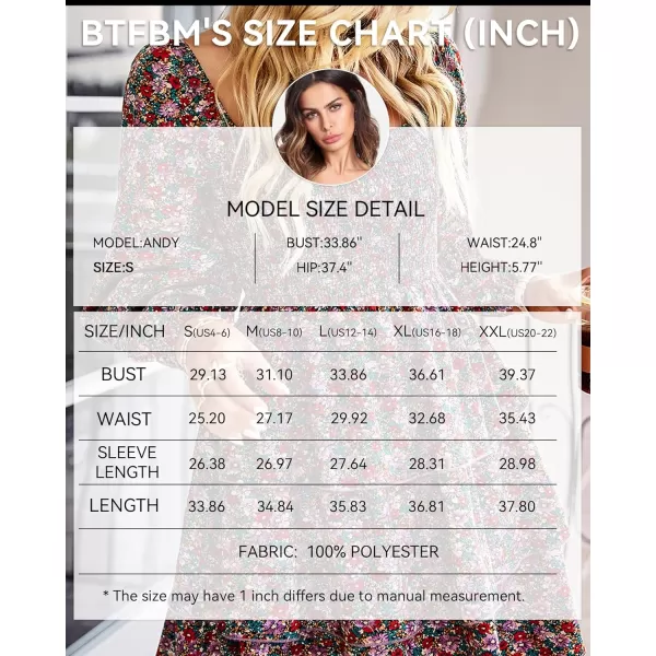 imageBTFBM Women Square Neck Smocked Summer Fall Dresses 2023 Long Sleeve Floral Swiss Dot Ruffle Party Mini Babydoll DressFloral Red Pink