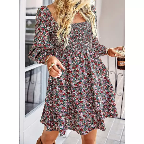 imageBTFBM Women Square Neck Smocked Summer Fall Dresses 2023 Long Sleeve Floral Swiss Dot Ruffle Party Mini Babydoll DressFloral Red Pink