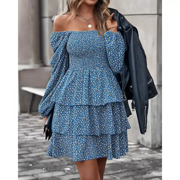 imageBTFBM Women Square Neck Smocked Summer Fall Dresses 2023 Long Sleeve Floral Swiss Dot Ruffle Party Mini Babydoll DressFloral Royal Blue