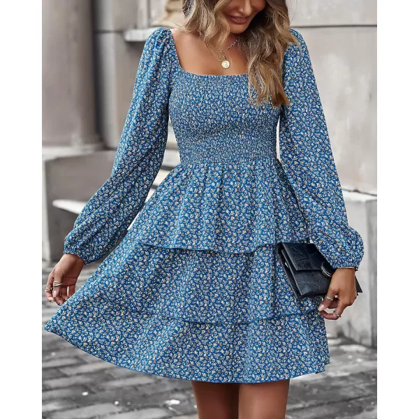 imageBTFBM Women Square Neck Smocked Summer Fall Dresses 2023 Long Sleeve Floral Swiss Dot Ruffle Party Mini Babydoll DressFloral Royal Blue