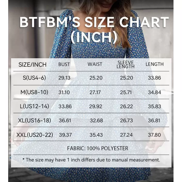imageBTFBM Women Square Neck Smocked Summer Fall Dresses 2023 Long Sleeve Floral Swiss Dot Ruffle Party Mini Babydoll DressFloral Royal Blue